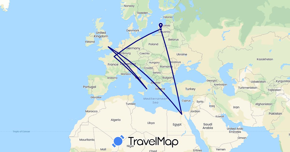 TravelMap itinerary: driving in Egypt, France, United Kingdom, Italy, Lithuania (Africa, Europe)